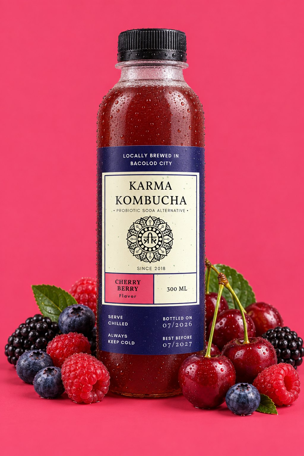 Karma Kombucha Cherry Berry bottle with fruit
