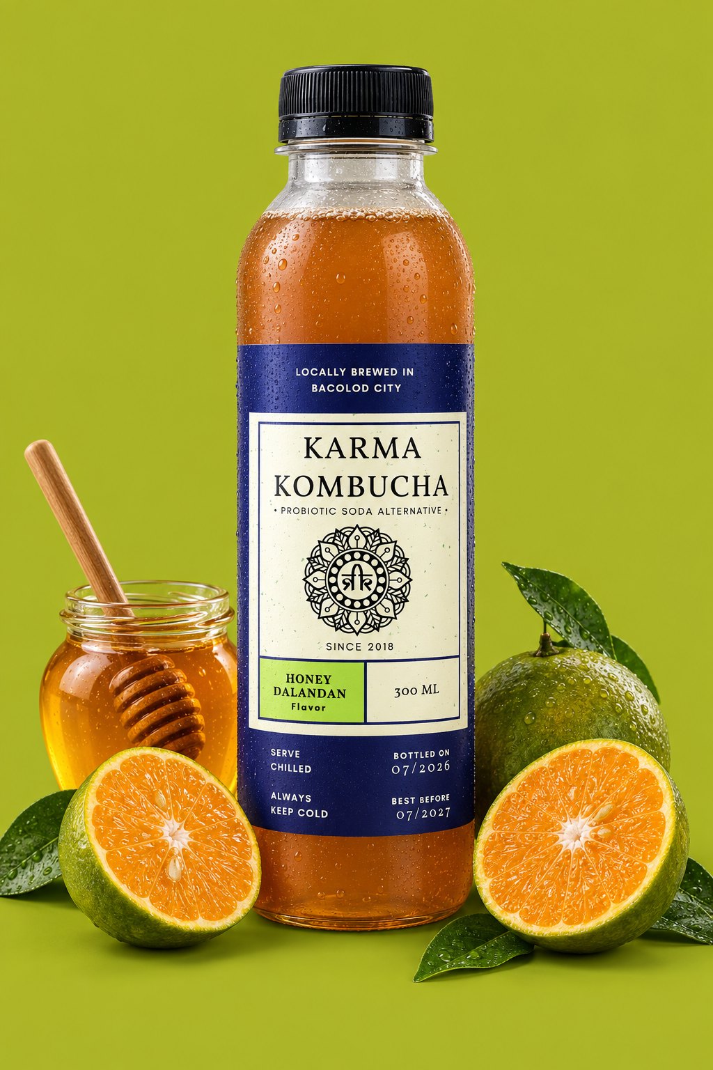 Karma Kombucha Honey Dalandan bottle with fruit